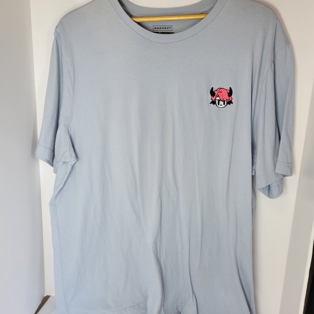 Mamobot Anime Horned Girl Embroidered T-Shirt Light Blue 2XL Short Sleeve Tee